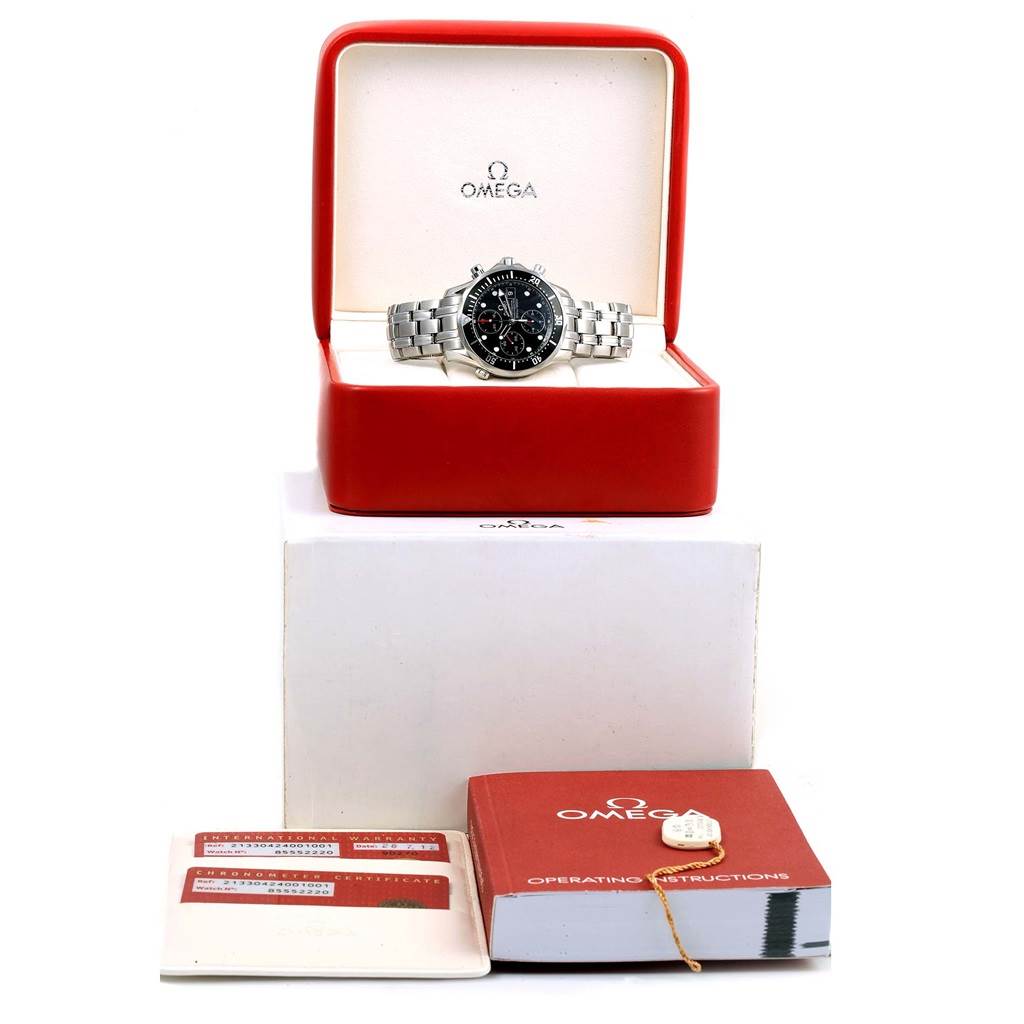 The Omega Seamaster 213.30.42.40.01.001 Men
s Stainless Steel Black Dial 213.30.42.40.01.001 Men
s Stainless Steel Black Dial watch is displayed front-facing in its red box, with an operating manual, warranty certificate, and tags shown.