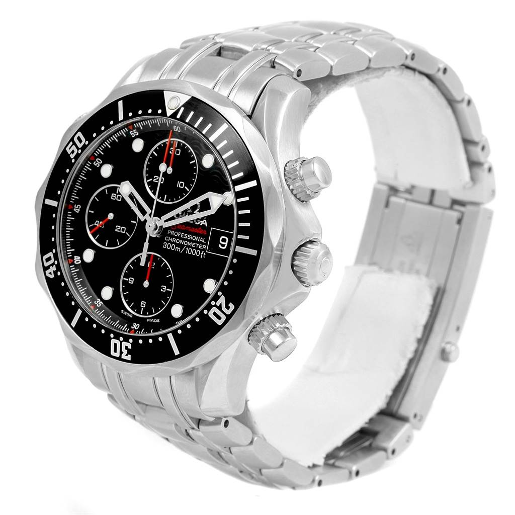 The Omega Seamaster 213.30.42.40.01.001 Men
s Stainless Steel Black Dial 213.30.42.40.01.001 Men
s Stainless Steel Black Dial watch is shown at a three-quarter angle, displaying the face, bezel, crown, pushers, and part of the band.