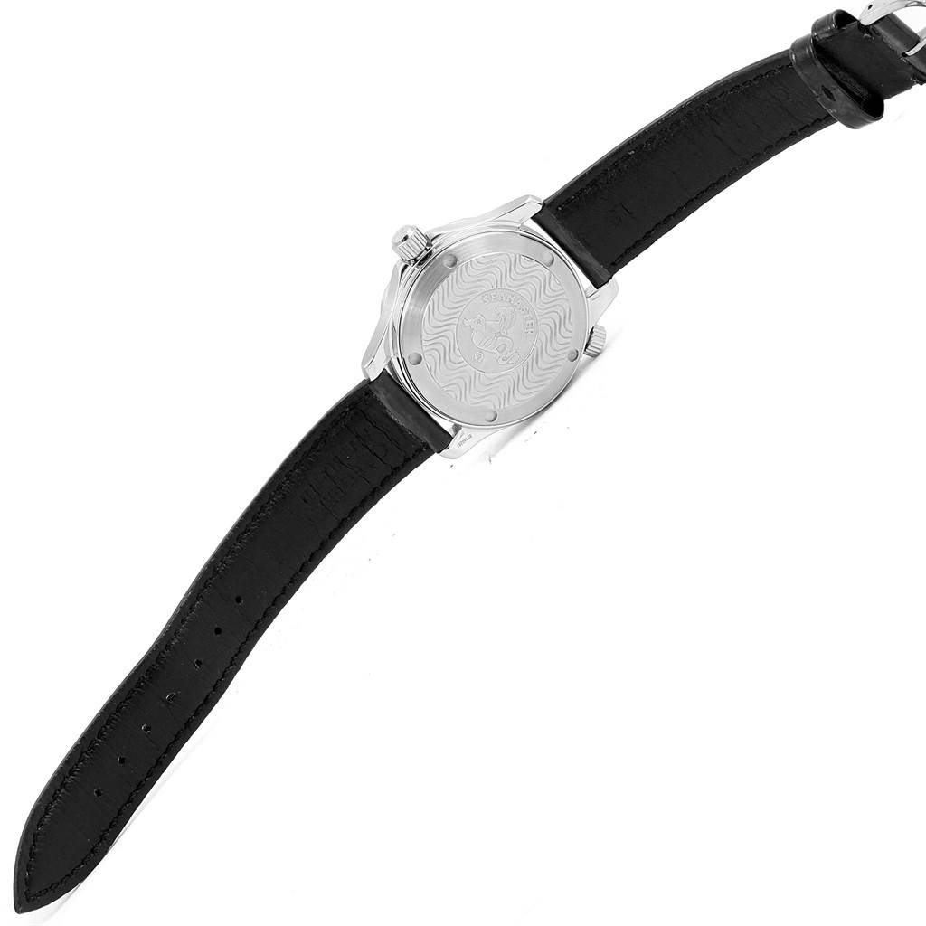 This image shows the back case and leather strap of an Omega Seamaster 2252.50.00 Men
s Stainless Steel Black Dial 2252.50.00 Men
s Stainless Steel Black Dial watch from a top-down angle.