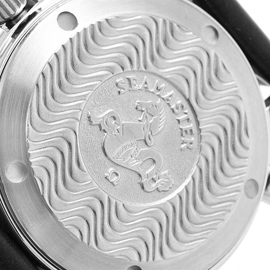 This image shows the back case of the Omega Seamaster 2252.50.00 Men
s Stainless Steel Black Dial 2252.50.00 Men
s Stainless Steel Black Dial watch, featuring the engraved logo and wave pattern.