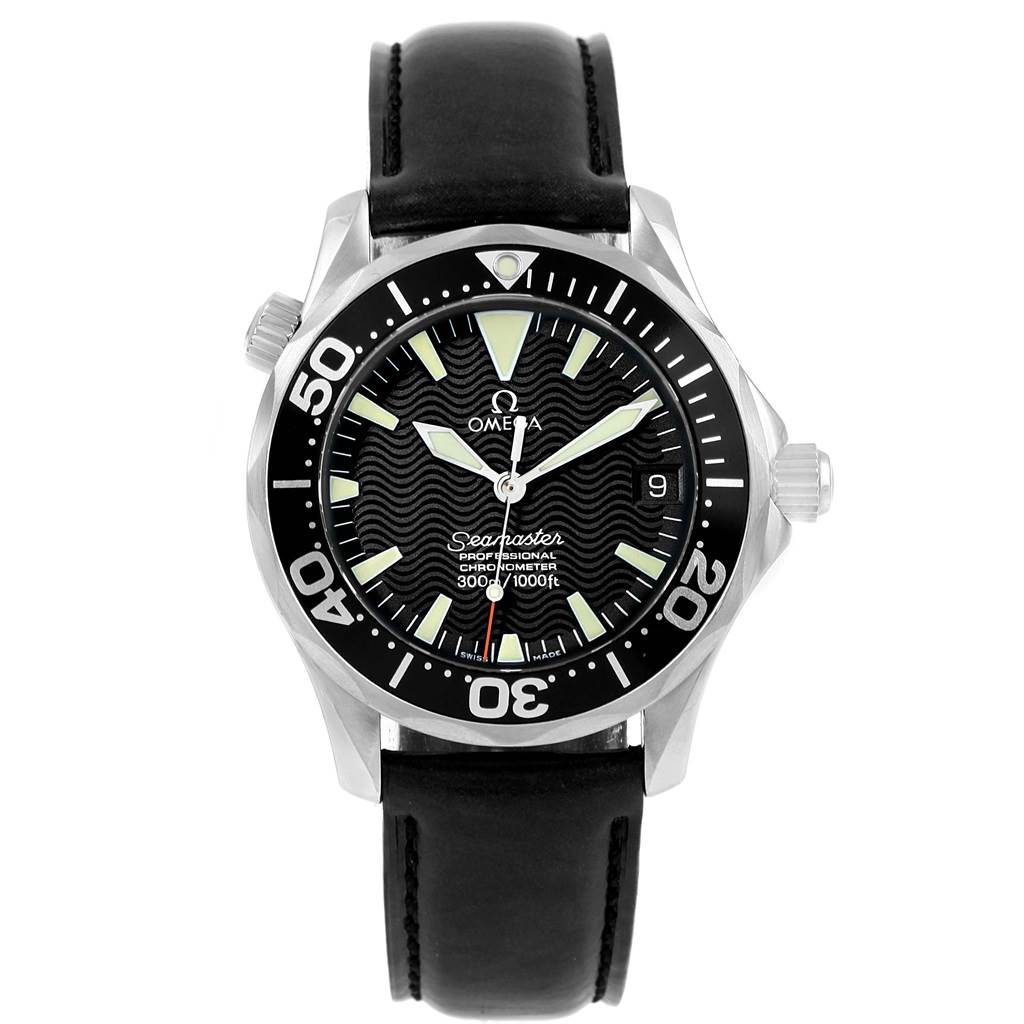 This image shows a front view of an Omega Seamaster 2252.50.00 Men
s Stainless Steel Black Dial 2252.50.00 Men
s Stainless Steel Black Dial watch with a black leather strap and a black dial.