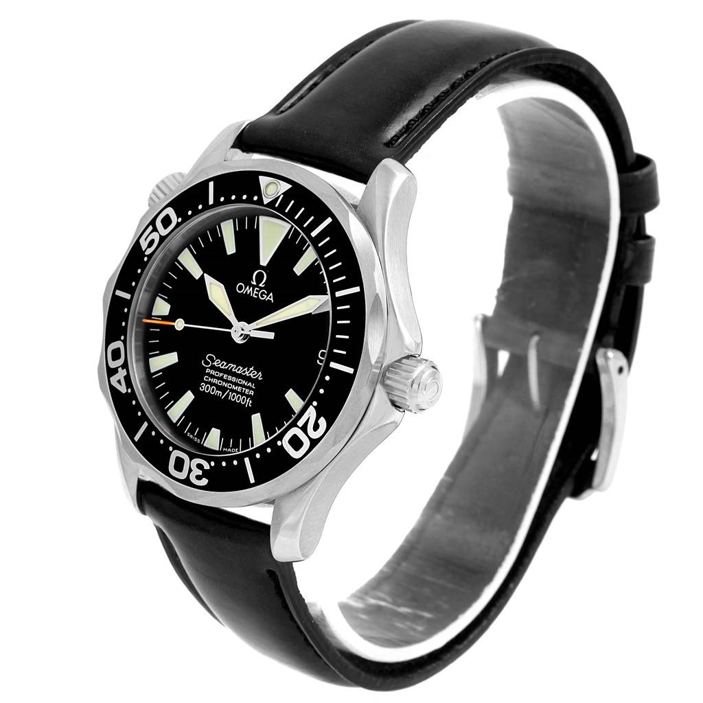 The image shows a front angled view of the Omega Seamaster 2252.50.00 Men
s Stainless Steel Black Dial 2252.50.00 Men
s Stainless Steel Black Dial watch, highlighting its face, bezel, and leather strap.