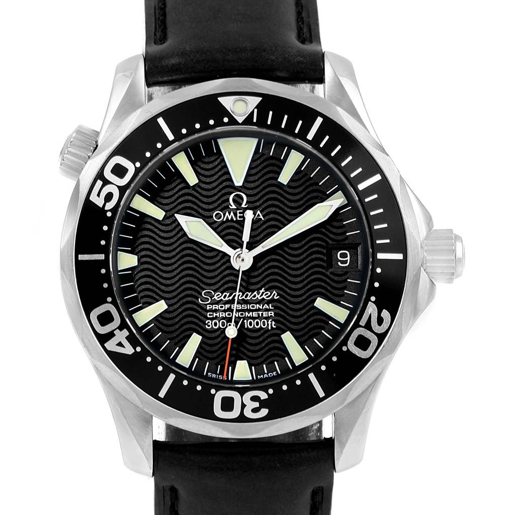 The Omega Seamaster 2252.50.00 Men
s Stainless Steel Black Dial 2252.50.00 Men
s Stainless Steel Black Dial watch is shown from a front angle, displaying its face, bezel, crown, and leather strap.