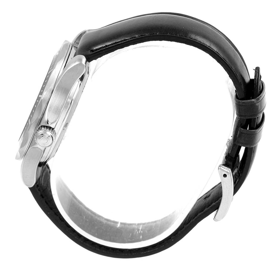 The image shows a side view of the Omega Seamaster 2252.50.00 Men
s Stainless Steel Black Dial 2252.50.00 Men
s Stainless Steel Black Dial watch, highlighting its crown, case, and leather strap.