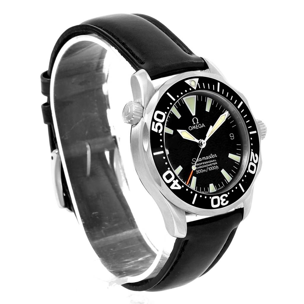 The image shows an Omega Seamaster 2252.50.00 Men
s Stainless Steel Black Dial 2252.50.00 Men
s Stainless Steel Black Dial watch angled to display the face, bezel, crown, and leather strap.