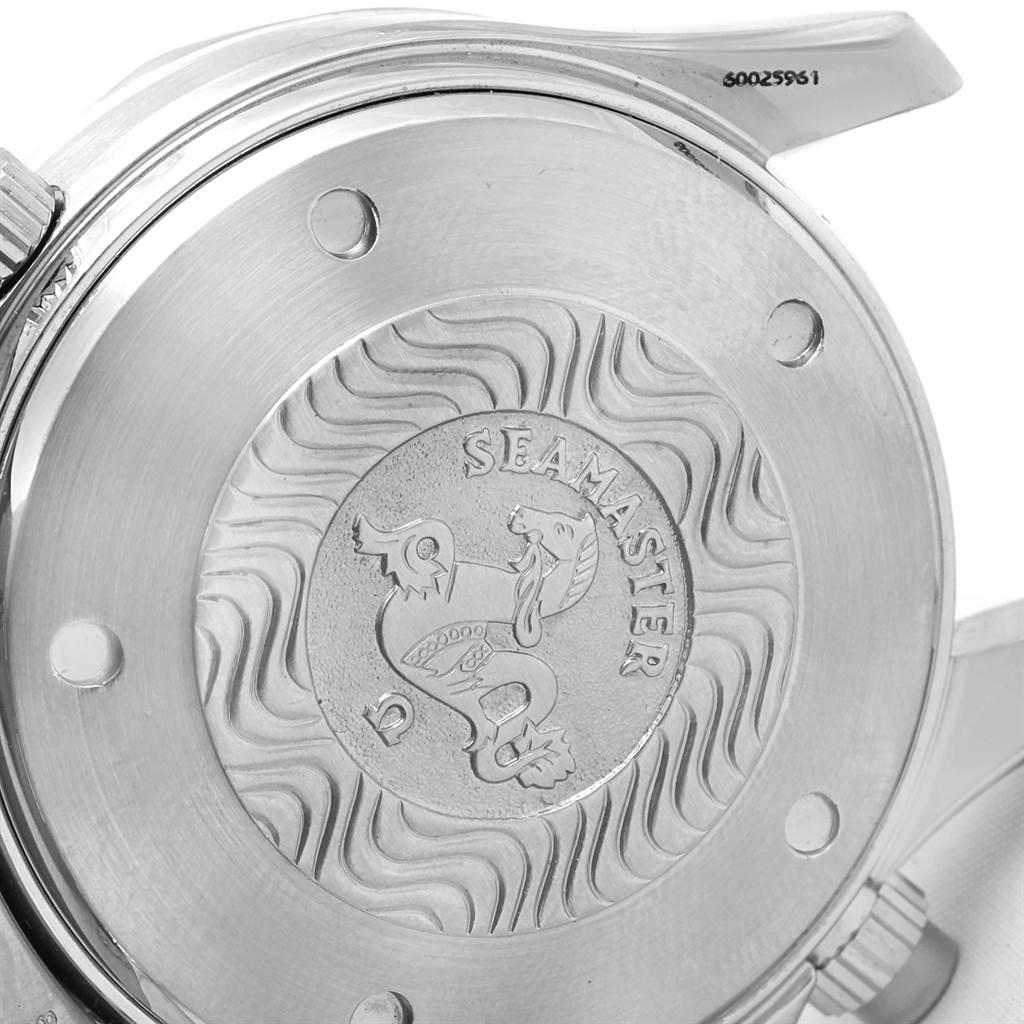 The image shows the case back of the Omega Seamaster 2598.80.00 Men
s Stainless Steel Blue Dial 2598.80.00 Men
s Stainless Steel Blue Dial watch with engraved details and branding.