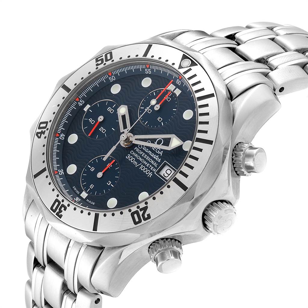 The image shows an Omega Seamaster 2598.80.00 Men
s Stainless Steel Blue Dial 2598.80.00 Men
s Stainless Steel Blue Dial watch at a three-quarter angle, displaying the dial, bezel, and part of the bracelet.