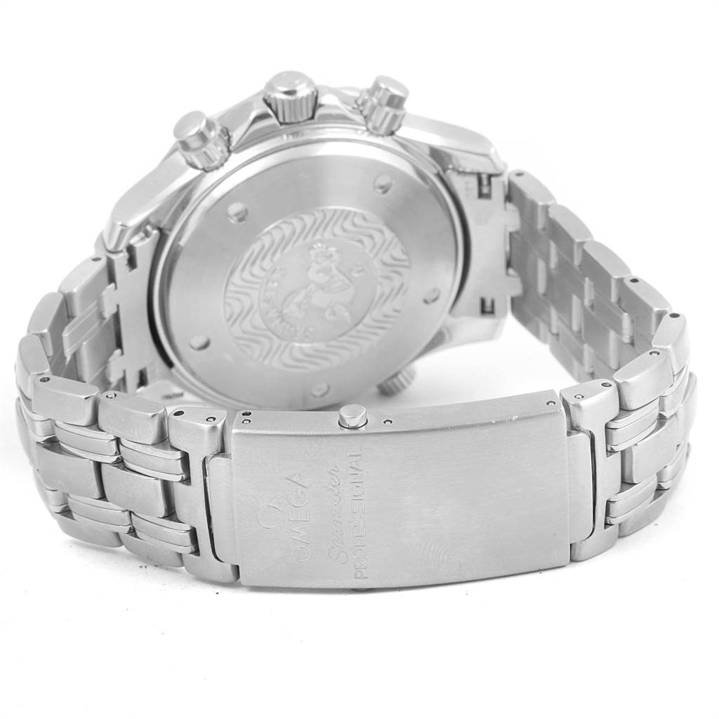 The image shows the back case, bracelet, and clasp of an Omega Seamaster 2598.80.00 Men
s Stainless Steel Blue Dial 2598.80.00 Men
s Stainless Steel Blue Dial watch at a rear angle.