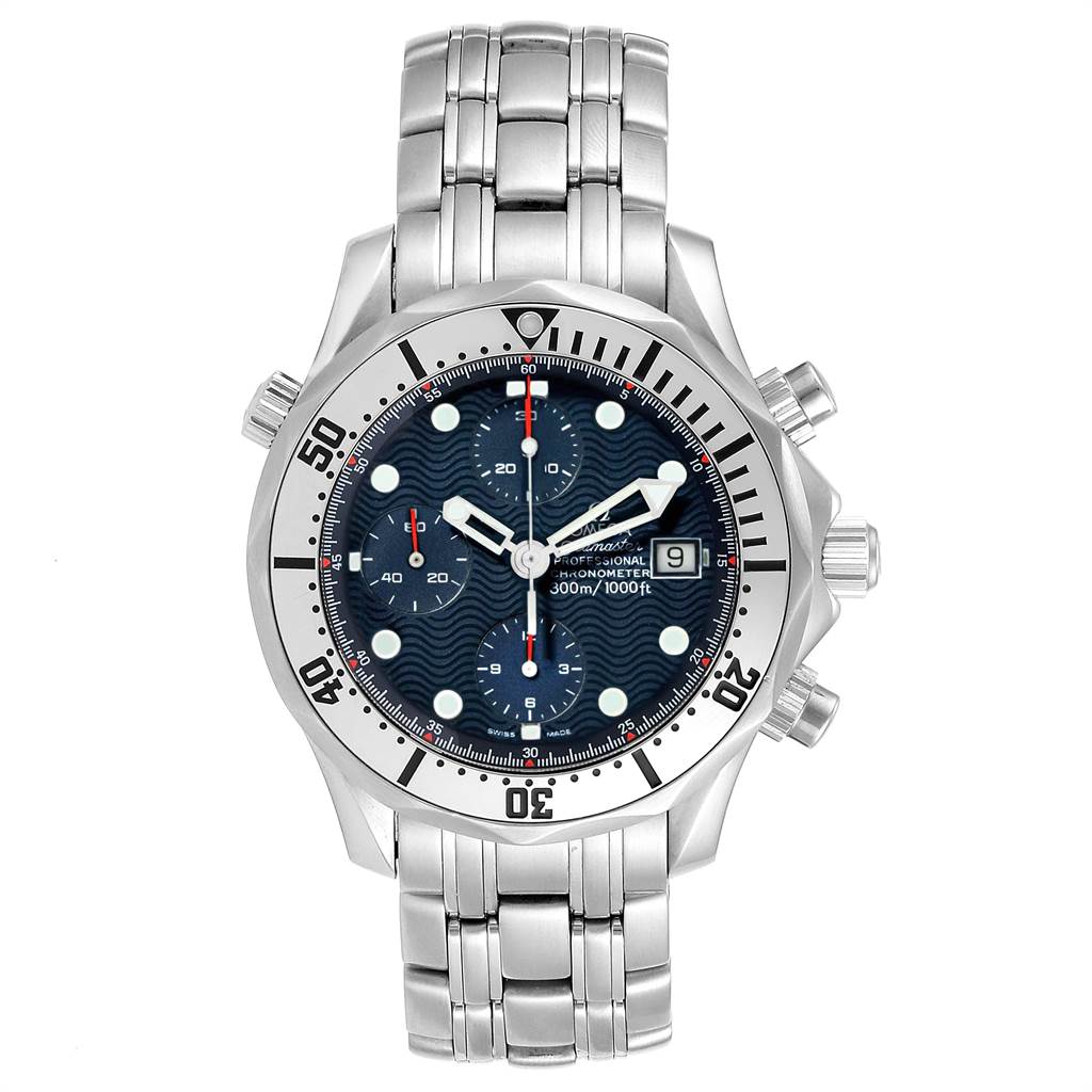 This image shows an Omega Seamaster 2598.80.00 Men
s Stainless Steel Blue Dial 2598.80.00 Men
s Stainless Steel Blue Dial watch from a top-down angle, displaying the dial, bezel, and stainless steel bracelet.