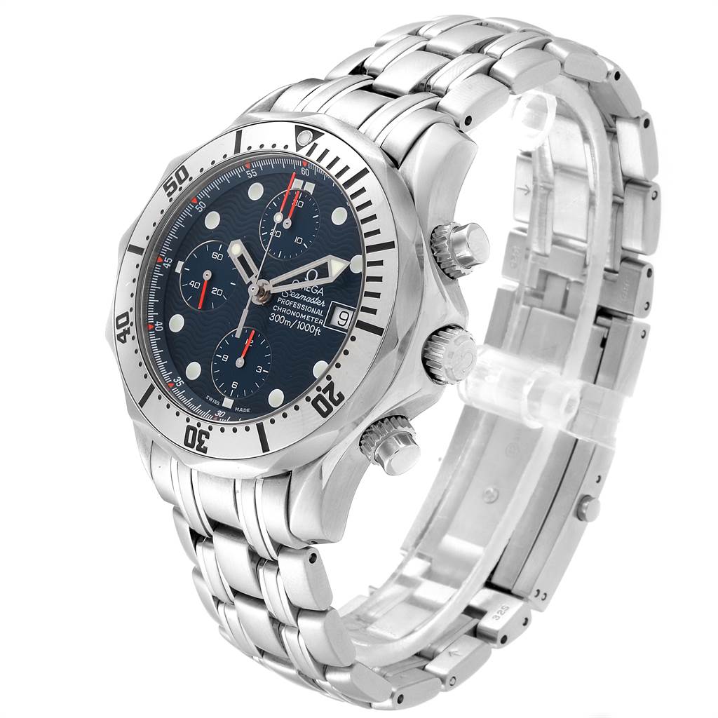 The image shows an Omega Seamaster 2598.80.00 Men
s Stainless Steel Blue Dial 2598.80.00 Men
s Stainless Steel Blue Dial watch from a three-quarter angle, showcasing the dial, bezel, bracelet, and side pushers.