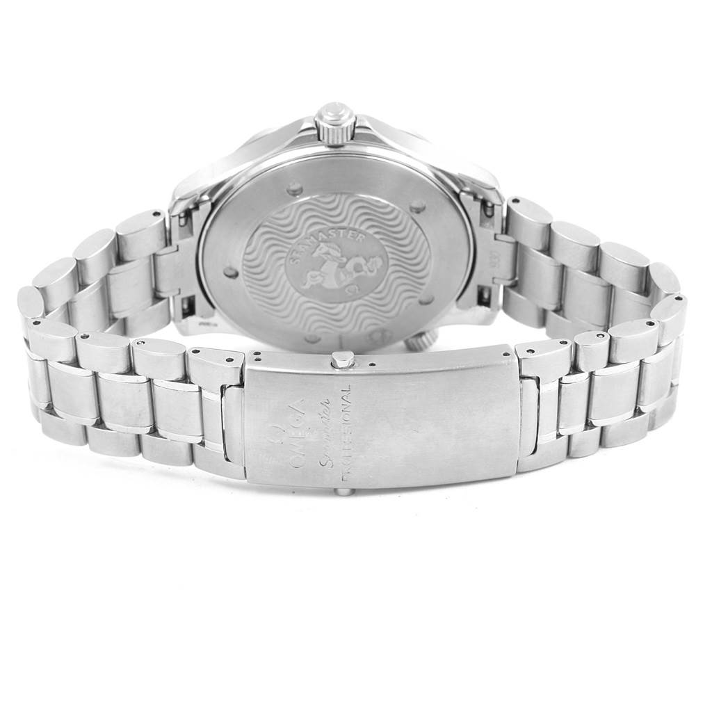 This image shows the back of an Omega Seamaster 2264.50.00 Men
s Stainless Steel Black Dial 2264.50.00 Men
s Stainless Steel Black Dial watch, including its case back and the stainless steel bracelet with a clasp.