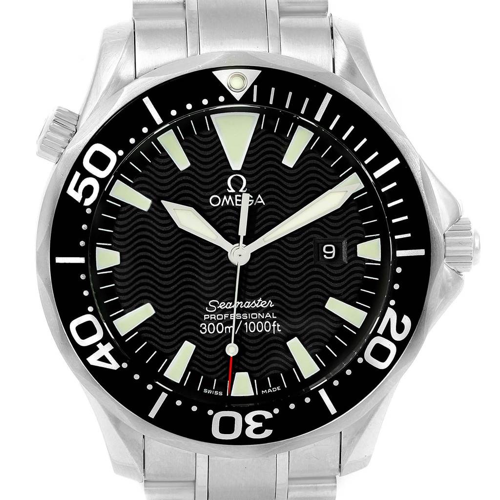 The image shows a front view of an Omega Seamaster 2264.50.00 Men
s Stainless Steel Black Dial 2264.50.00 Men
s Stainless Steel Black Dial watch, highlighting its face, bezel, dial, and a portion of the bracelet.