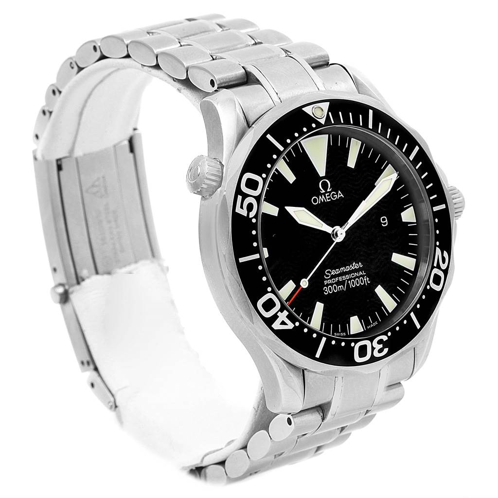 The image shows the front and side view of the Omega Seamaster 2264.50.00 Men
s Stainless Steel Black Dial 2264.50.00 Men
s Stainless Steel Black Dial watch, highlighting its face, bezel, and bracelet.