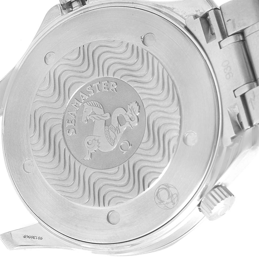 This image shows the back case of an Omega Seamaster 2264.50.00 Men
s Stainless Steel Black Dial 2264.50.00 Men
s Stainless Steel Black Dial watch with the branded logo and wave pattern design.