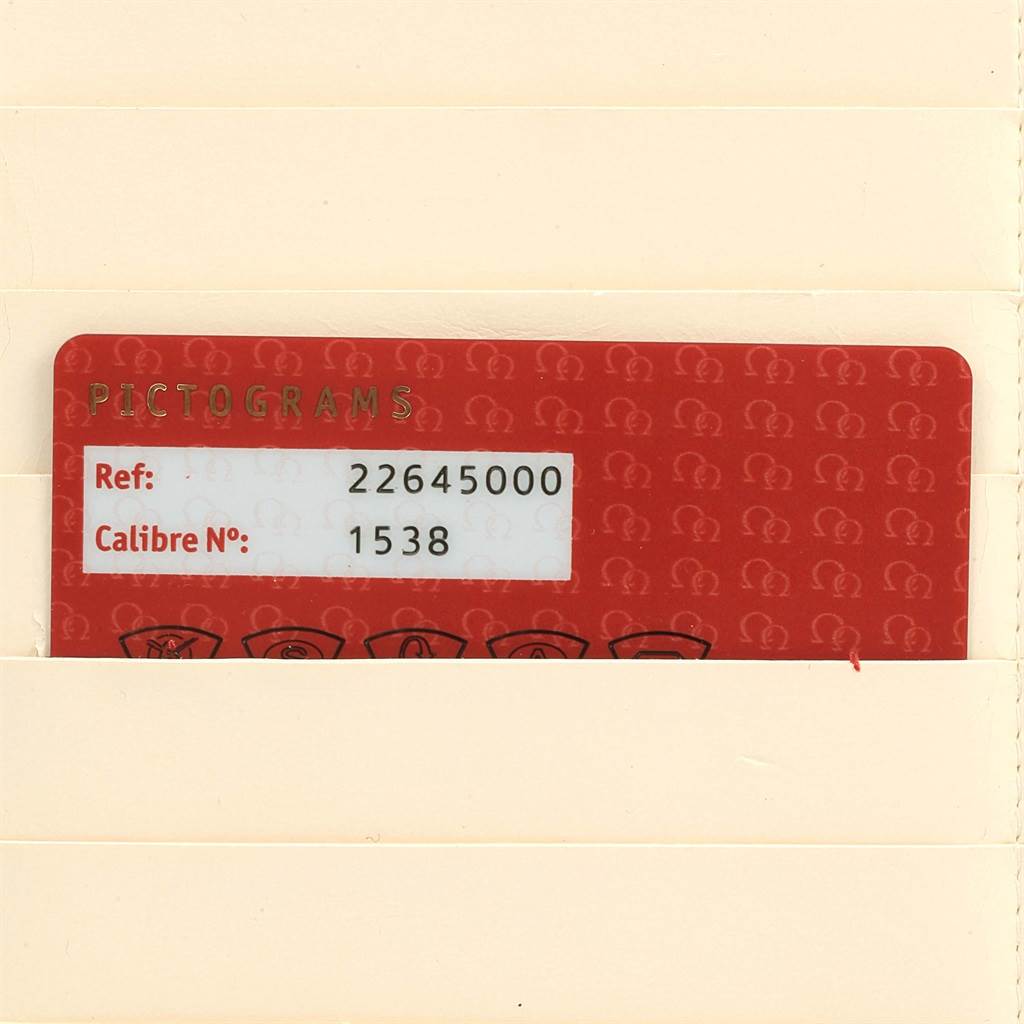 The image displays an Omega Seamaster 2264.50.00 Men
s Stainless Steel Black Dial 2264.50.00 Men
s Stainless Steel Black Dial
s pictogram card showing reference number 22645000 and calibre number 1538.