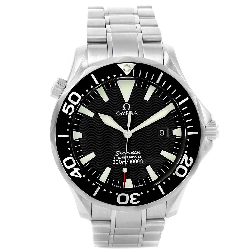 The image shows a front view of an Omega Seamaster 2264.50.00 Men
s Stainless Steel Black Dial 2264.50.00 Men
s Stainless Steel Black Dial watch, highlighting its dial, bezel, and metal bracelet.