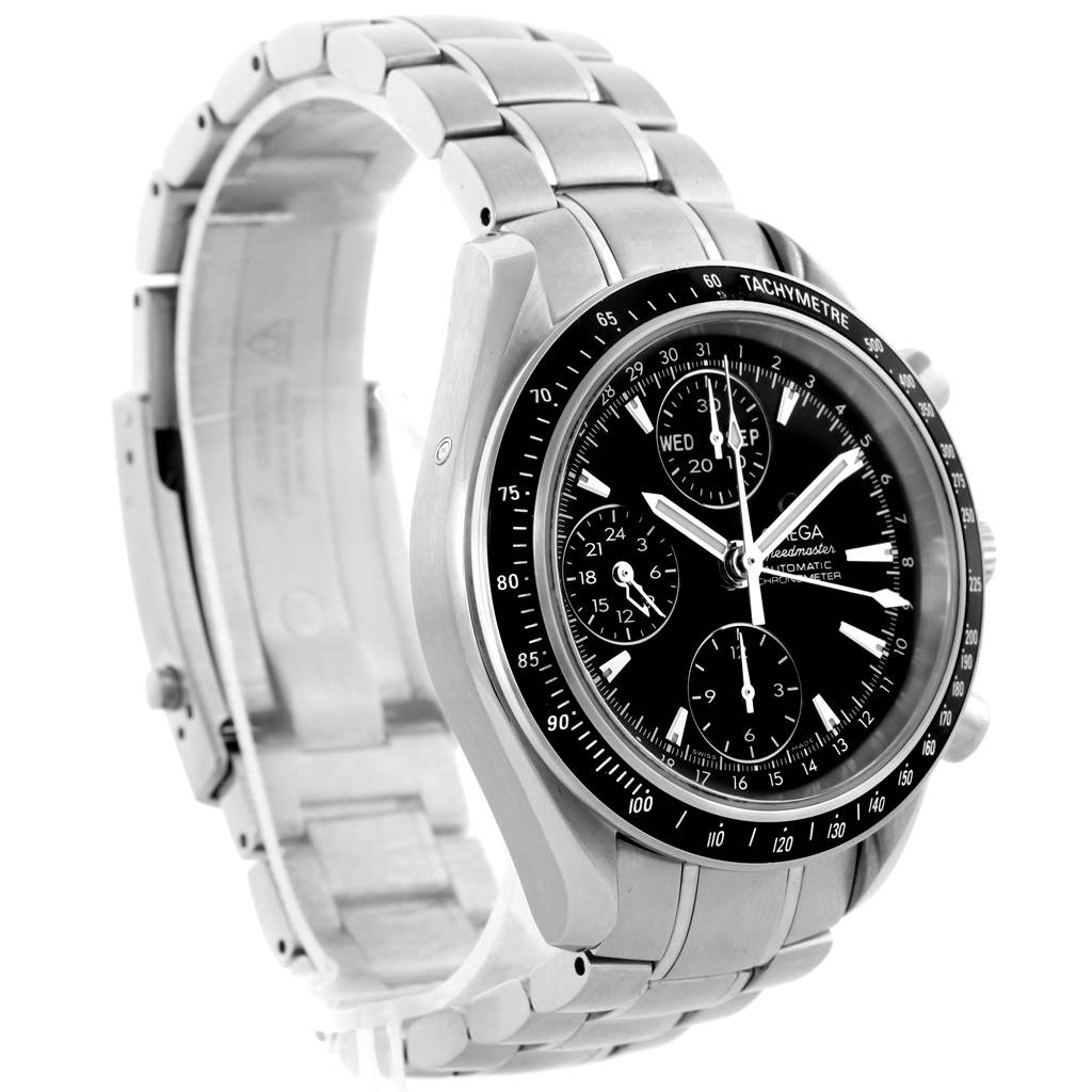 The image shows an Omega Seamaster 3220.50.00 Men's Stainless Steel Black Dial 3220.50.00 Men's Stainless Steel Black Dial watch from a front-angle with emphasis on the dial, bezel, and metal bracelet.