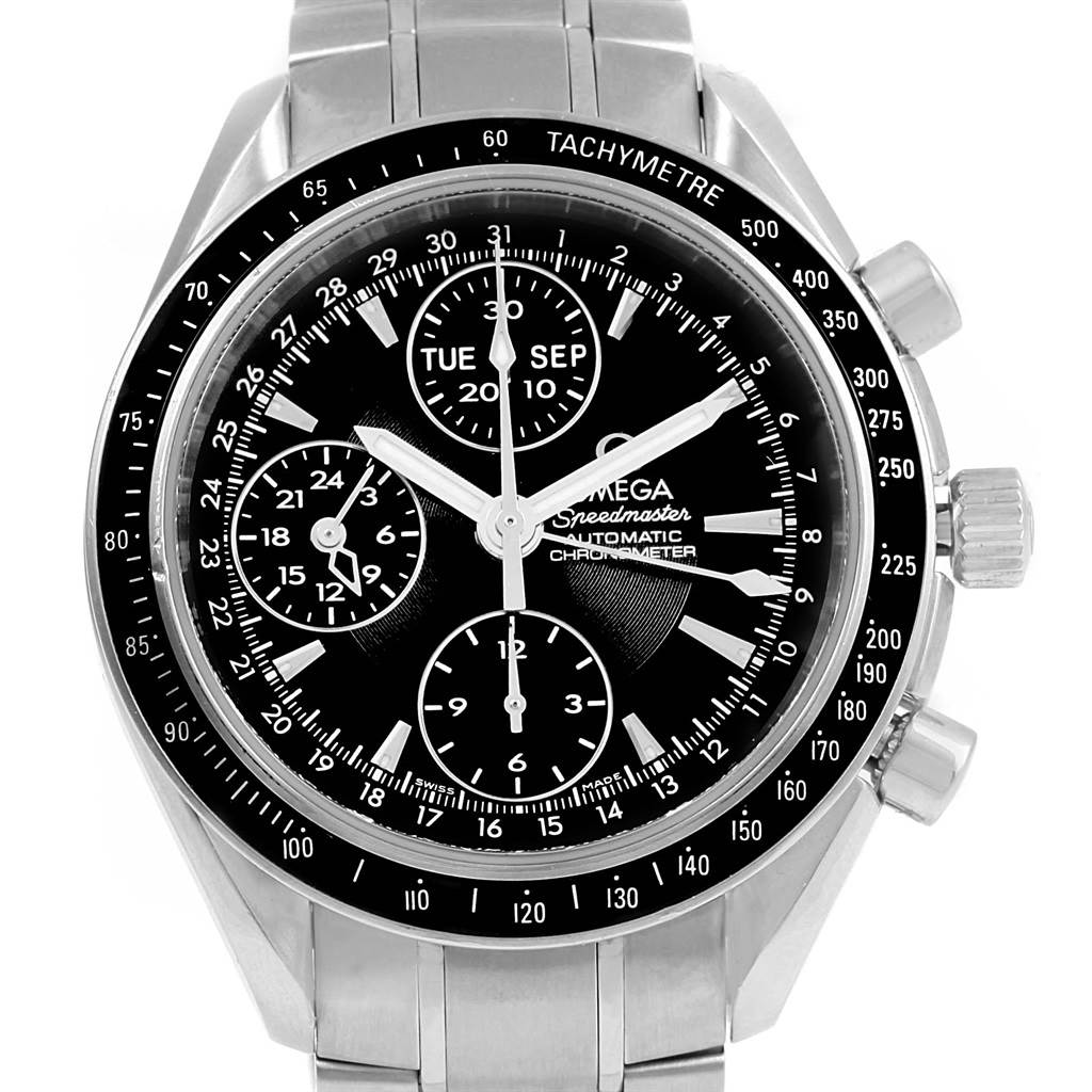The image shows a front view of an Omega Seamaster 3220.50.00 Men's Stainless Steel Black Dial 3220.50.00 Men's Stainless Steel Black Dial watch, highlighting its black dial, chronograph subdials, and tachymeter bezel.