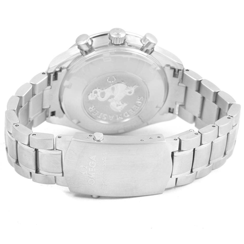 The image shows the back and bracelet of an Omega Seamaster 3220.50.00 Men's Stainless Steel Black Dial 3220.50.00 Men's Stainless Steel Black Dial watch, highlighting the clasp and caseback with the Seamaster logo.