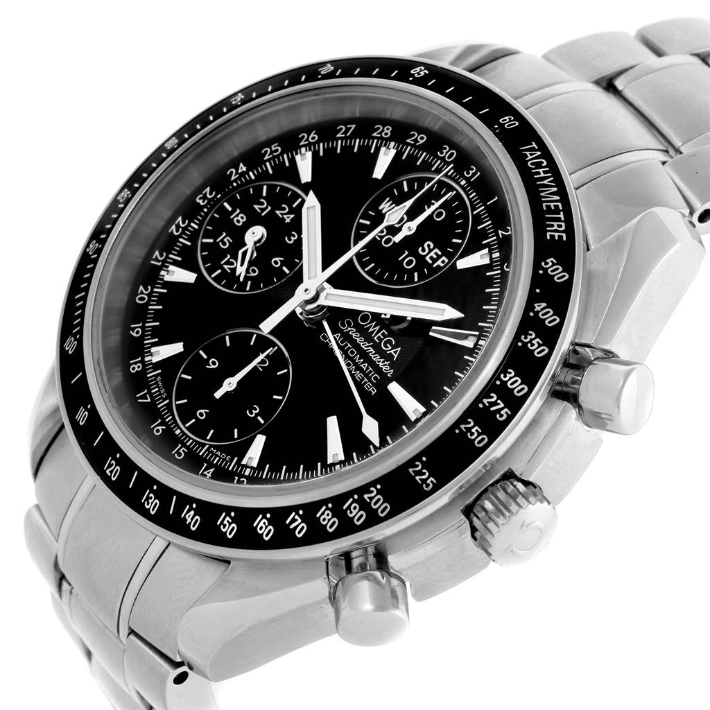 The Omega Seamaster 3220.50.00 Men's Stainless Steel Black Dial 3220.50.00 Men's Stainless Steel Black Dial watch is shown at an angled close-up, highlighting its dial, bezel, and part of the bracelet.