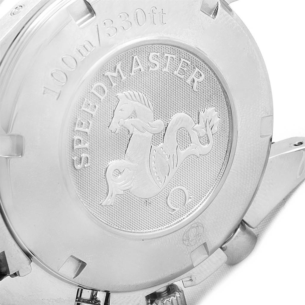 This is a close-up view of the Omega Seamaster 3220.50.00 Men's Stainless Steel Black Dial 3220.50.00 Men's Stainless Steel Black Dial watch's case back, showcasing the engraved logo and water resistance information.