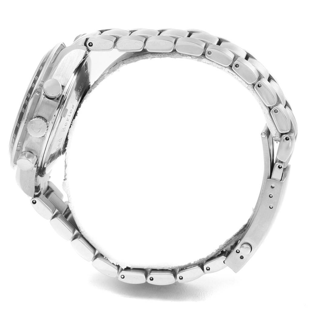 The image shows a side profile of the Omega Seamaster 323.30.40.40.01.001 Men's Stainless Steel Black Dial 323.30.40.40.01.001 Men's Stainless Steel Black Dial watch, focusing on the case and metal bracelet.