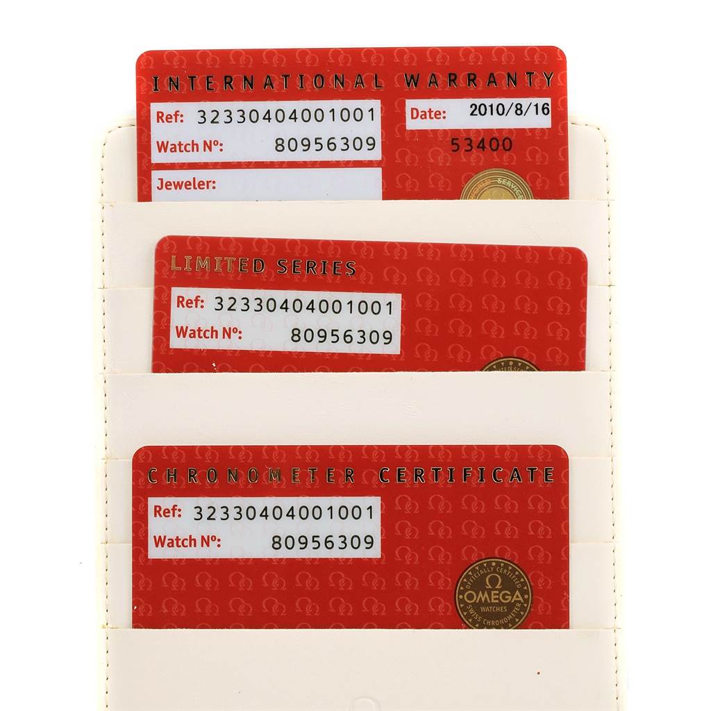 This image shows the warranty, limited series, and chronometer certificate cards for an Omega Seamaster 323.30.40.40.01.001 Men's Stainless Steel Black Dial 323.30.40.40.01.001 Men's Stainless Steel Black Dial watch.