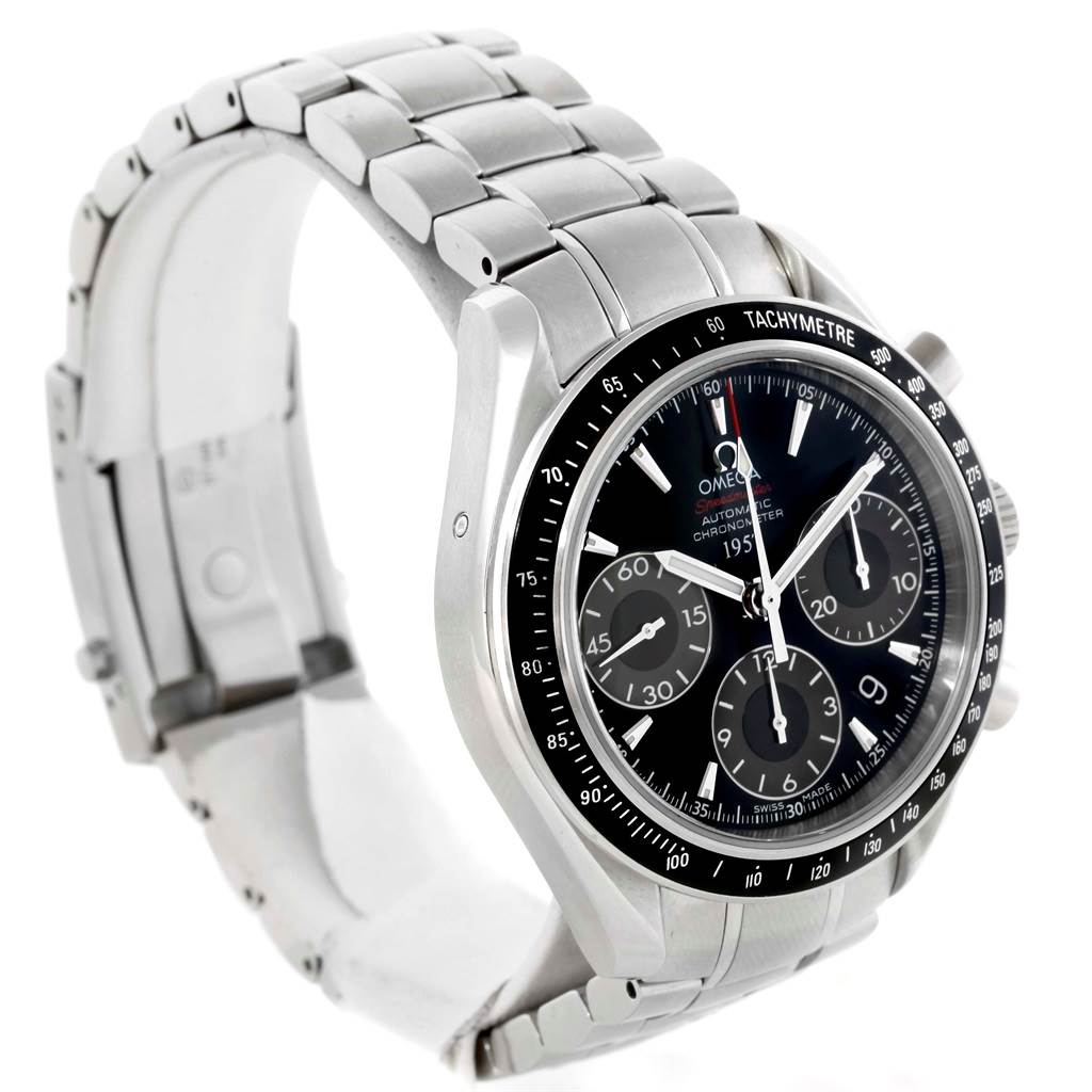 The image shows a side angle of the Omega Seamaster 323.30.40.40.01.001 Men's Stainless Steel Black Dial 323.30.40.40.01.001 Men's Stainless Steel Black Dial watch, highlighting the bracelet, case, and dial with its tachymeter bezel.