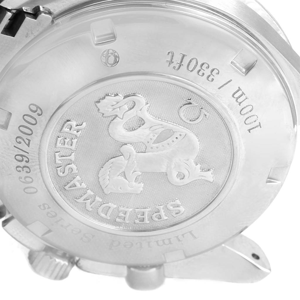 This is a close-up shot of the back case of an Omega Seamaster 323.30.40.40.01.001 Men's Stainless Steel Black Dial 323.30.40.40.01.001 Men's Stainless Steel Black Dial watch, showing the engraved logo and text details.