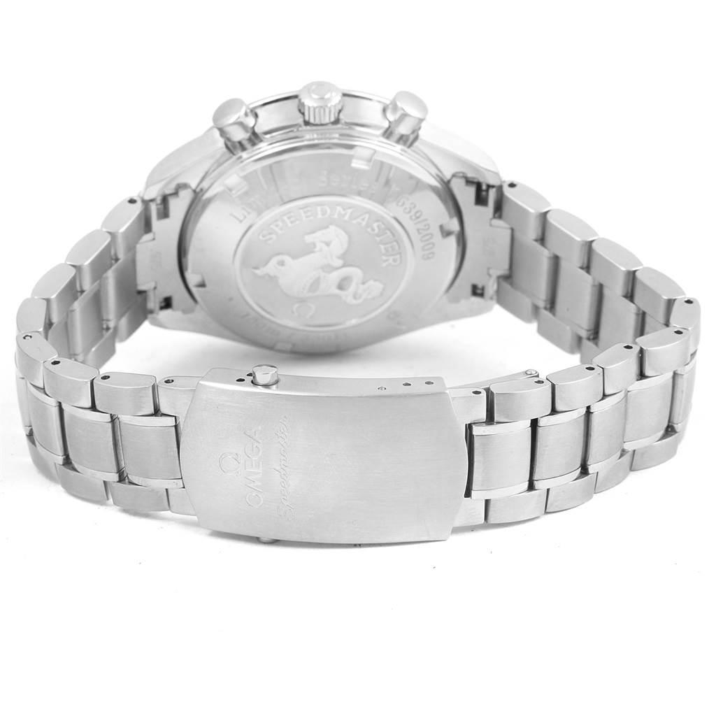 The image shows the back and bracelet of an Omega Seamaster 323.30.40.40.01.001 Men's Stainless Steel Black Dial 323.30.40.40.01.001 Men's Stainless Steel Black Dial watch, focusing on the clasp and case back.