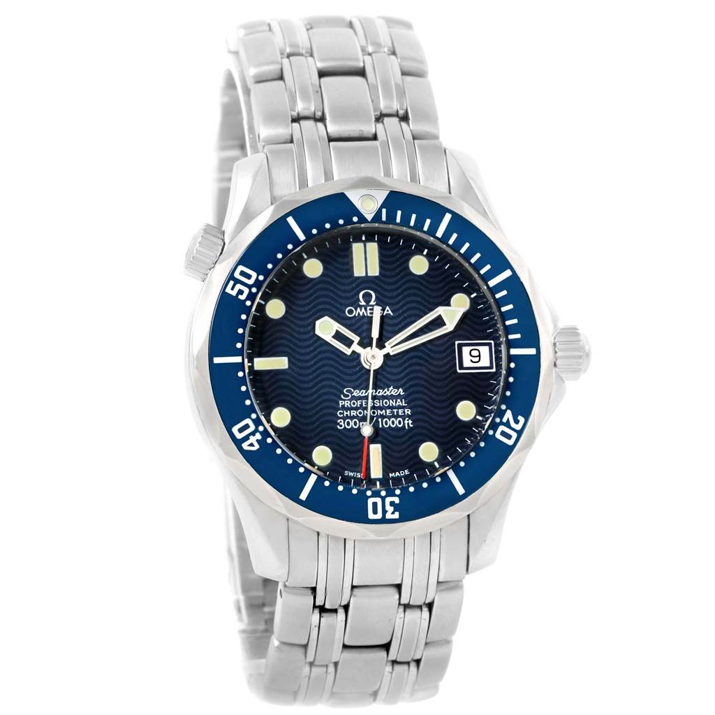 The Omega Seamaster 2551.80.00 Men
s Stainless Steel Blue Dial 2551.80.00 Men
s Stainless Steel Blue Dial watch is shown at a front angle, highlighting its face, bezel, crown, and bracelet.