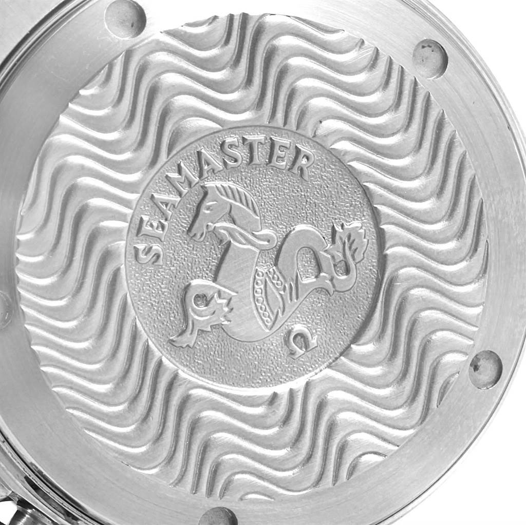 This image shows the back case of an Omega Seamaster 2551.80.00 Men
s Stainless Steel Blue Dial 2551.80.00 Men
s Stainless Steel Blue Dial watch, featuring the Seamaster logo with wave patterns.