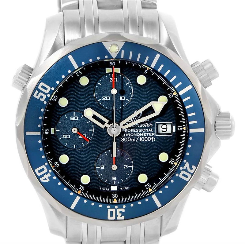 This Omega Seamaster model watch is shown from the front, highlighting the dial, bezel, subdials, and part of the bracelet.