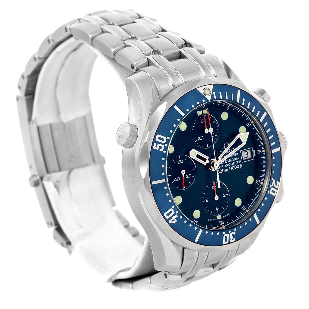 The Omega Seamaster 2599.80.00 Men
s Stainless Steel Blue Dial 2599.80.00 Men
s Stainless Steel Blue Dial watch is shown at an angled side view, highlighting its face, dial, bezel, and metal bracelet.