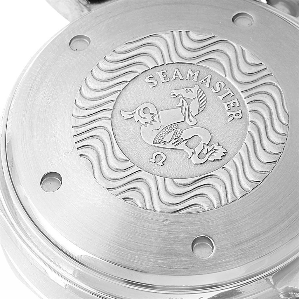 This image shows the case back of the Omega Seamaster 2599.80.00 Men
s Stainless Steel Blue Dial 2599.80.00 Men
s Stainless Steel Blue Dial watch, featuring an engraved design with the "Seamaster" logo.