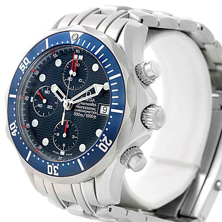 This image shows a side angle view of the Omega Seamaster 2599.80.00 Men
s Stainless Steel Blue Dial 2599.80.00 Men
s Stainless Steel Blue Dial watch, displaying the blue bezel, dial, chronograph subdials, and metal bracelet.