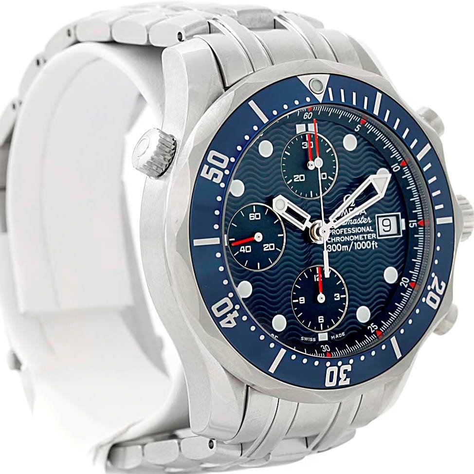 The image shows a front-angle view of the Omega Seamaster 2599.80.00 Men
s Stainless Steel Blue Dial 2599.80.00 Men
s Stainless Steel Blue Dial watch, highlighting its blue dial, stainless steel bracelet, bezel, and chronograph subdials.
