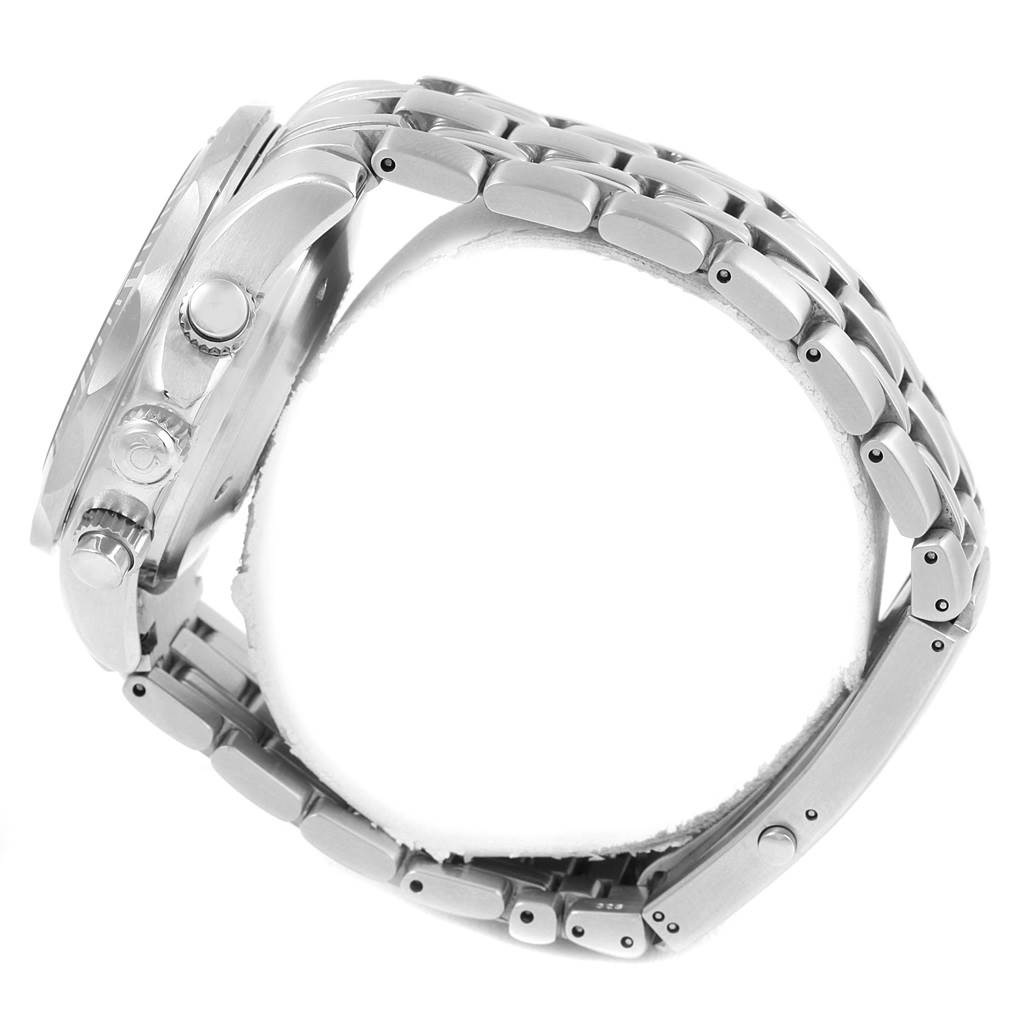 The image shows the side view of an Omega Seamaster 2599.80.00 Men
s Stainless Steel Blue Dial 2599.80.00 Men
s Stainless Steel Blue Dial watch, highlighting the case, crown, and metal bracelet.