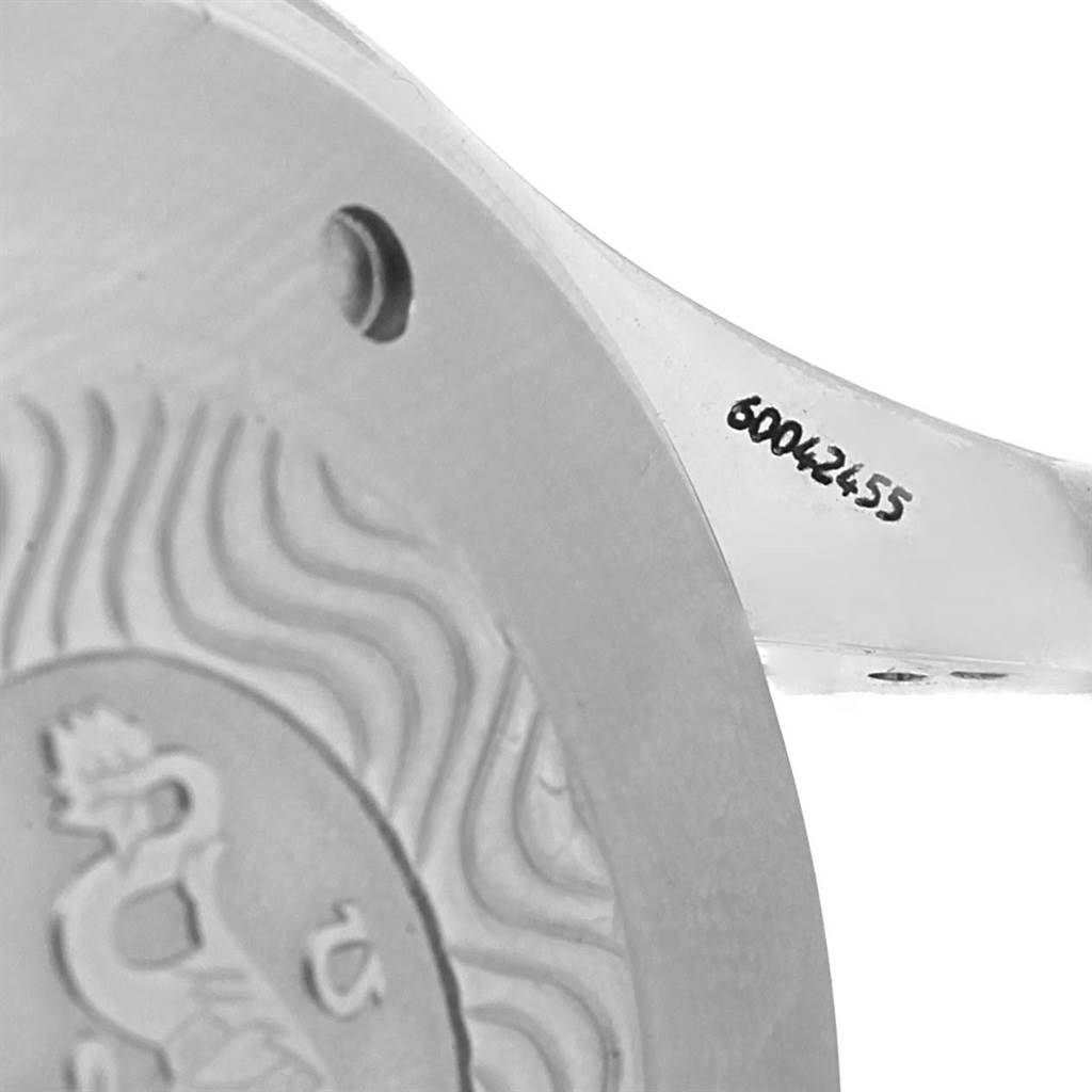 This close-up image captures the Omega Seamaster 2599.80.00 Men
s Stainless Steel Blue Dial 2599.80.00 Men
s Stainless Steel Blue Dial model, showcasing its case back and serial number.