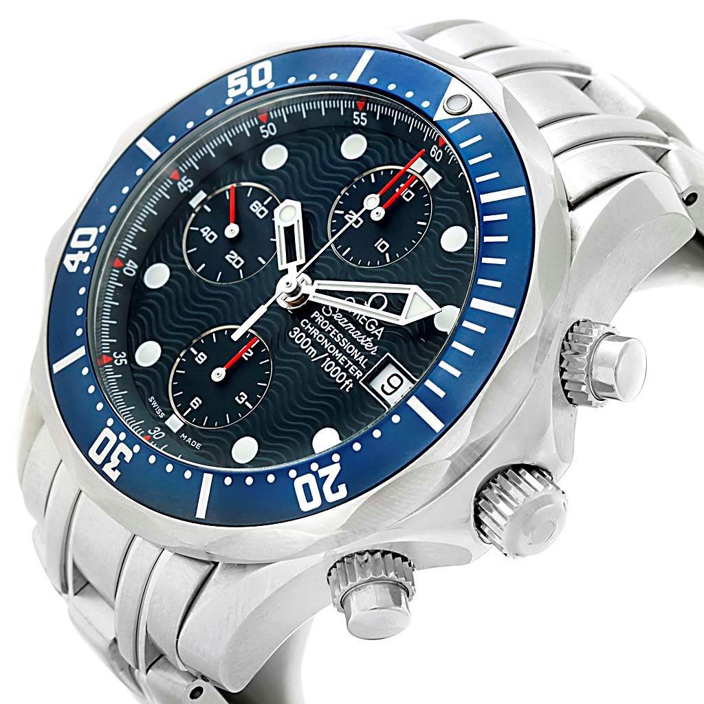 This image shows an Omega Seamaster 2599.80.00 Men
s Stainless Steel Blue Dial 2599.80.00 Men
s Stainless Steel Blue Dial watch at an angle highlighting the face, bezel, and side buttons.