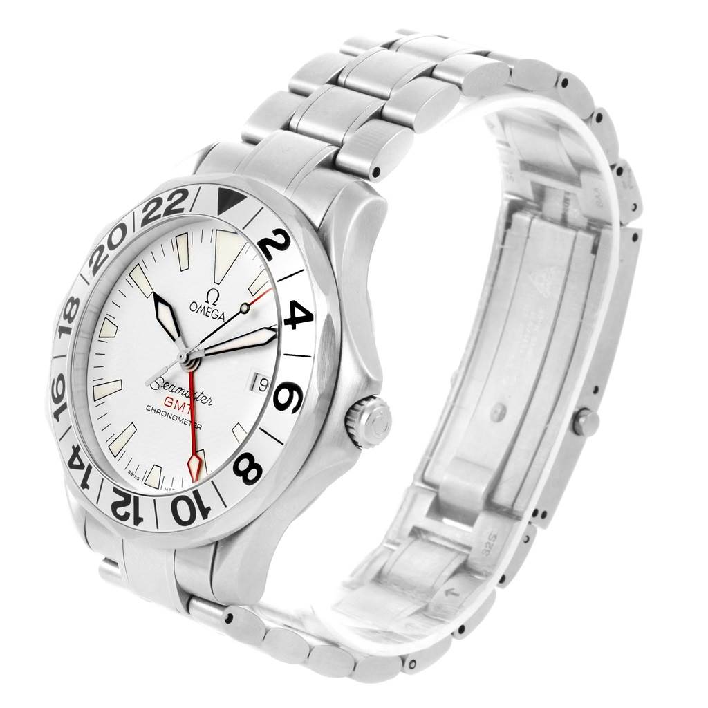 The Omega Seamaster 2538.20.00 Men
s Stainless Steel White Dial 2538.20.00 Men
s Stainless Steel White Dial watch is shown from an angled side view, displaying the face, bezel, crown, and metal bracelet band.