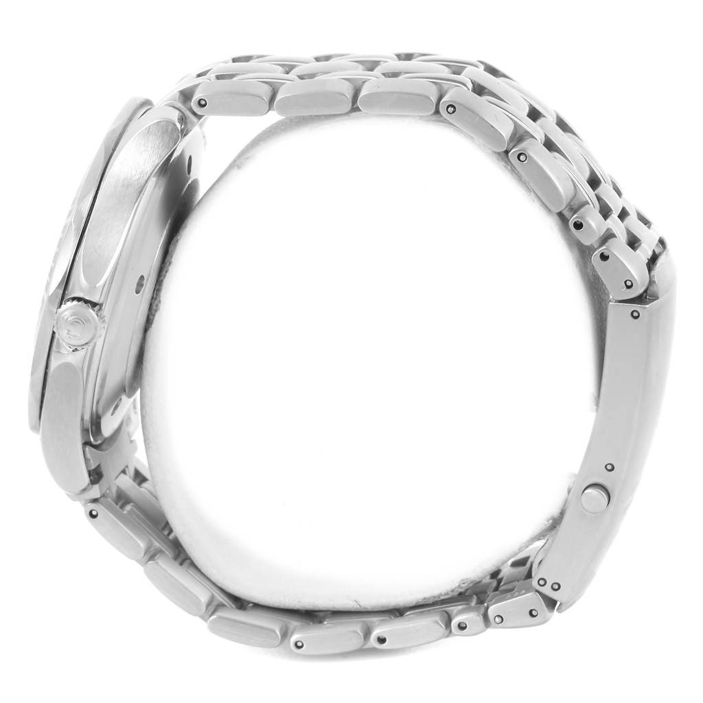 The image shows a side view of the Omega Seamaster 2541.80.00 Men
s Stainless Steel Blue Dial 2541.80.00 Men
s Stainless Steel Blue Dial watch, highlighting its stainless steel case, bracelet, and crown.