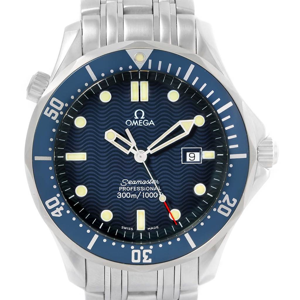 The Omega Seamaster 2541.80.00 Men
s Stainless Steel Blue Dial 2541.80.00 Men
s Stainless Steel Blue Dial watch is displayed from a front angle, showing its dial, bezel, and bracelet.