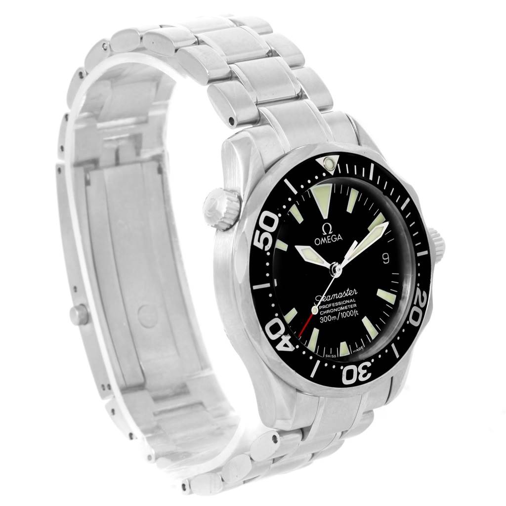 The Omega Seamaster 2252.50.00 Men's Stainless Steel Black Dial 2252.50.00 Men's Stainless Steel Black Dial watch is shown at an angle displaying the face, bezel, crown, and partially open bracelet.