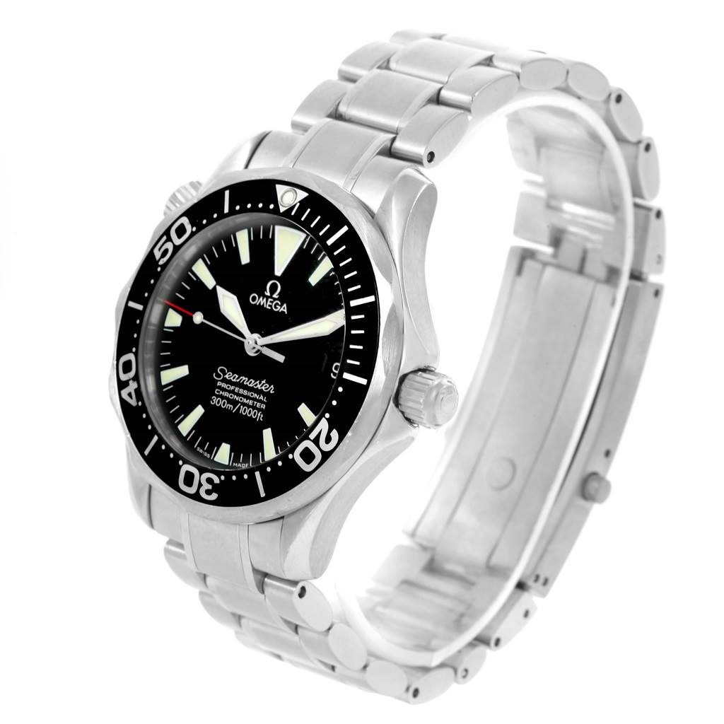 The Omega Seamaster 2252.50.00 Men's Stainless Steel Black Dial 2252.50.00 Men's Stainless Steel Black Dial watch is shown at a slight side angle, highlighting the bezel, dial, crown, and stainless steel bracelet.