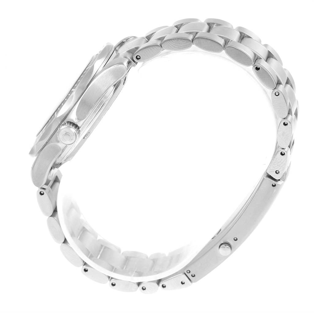 This side view of an Omega Seamaster 2252.50.00 Men's Stainless Steel Black Dial 2252.50.00 Men's Stainless Steel Black Dial watch shows the bracelet, clasp, and crown.