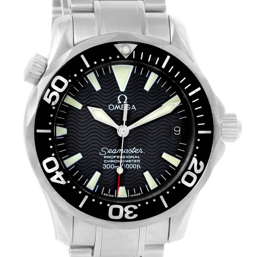 The image shows a front view of the Omega Seamaster 2252.50.00 Men's Stainless Steel Black Dial 2252.50.00 Men's Stainless Steel Black Dial watch, highlighting the dial, bezel, and part of the stainless steel bracelet.
