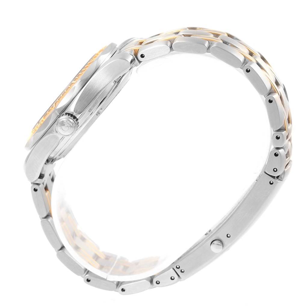 The image shows a side view of the Omega Seamaster Men
s Stainless Steel Black Dial Men
s Stainless Steel Black Dial watch, highlighting its metal case, crown, and bracelet.