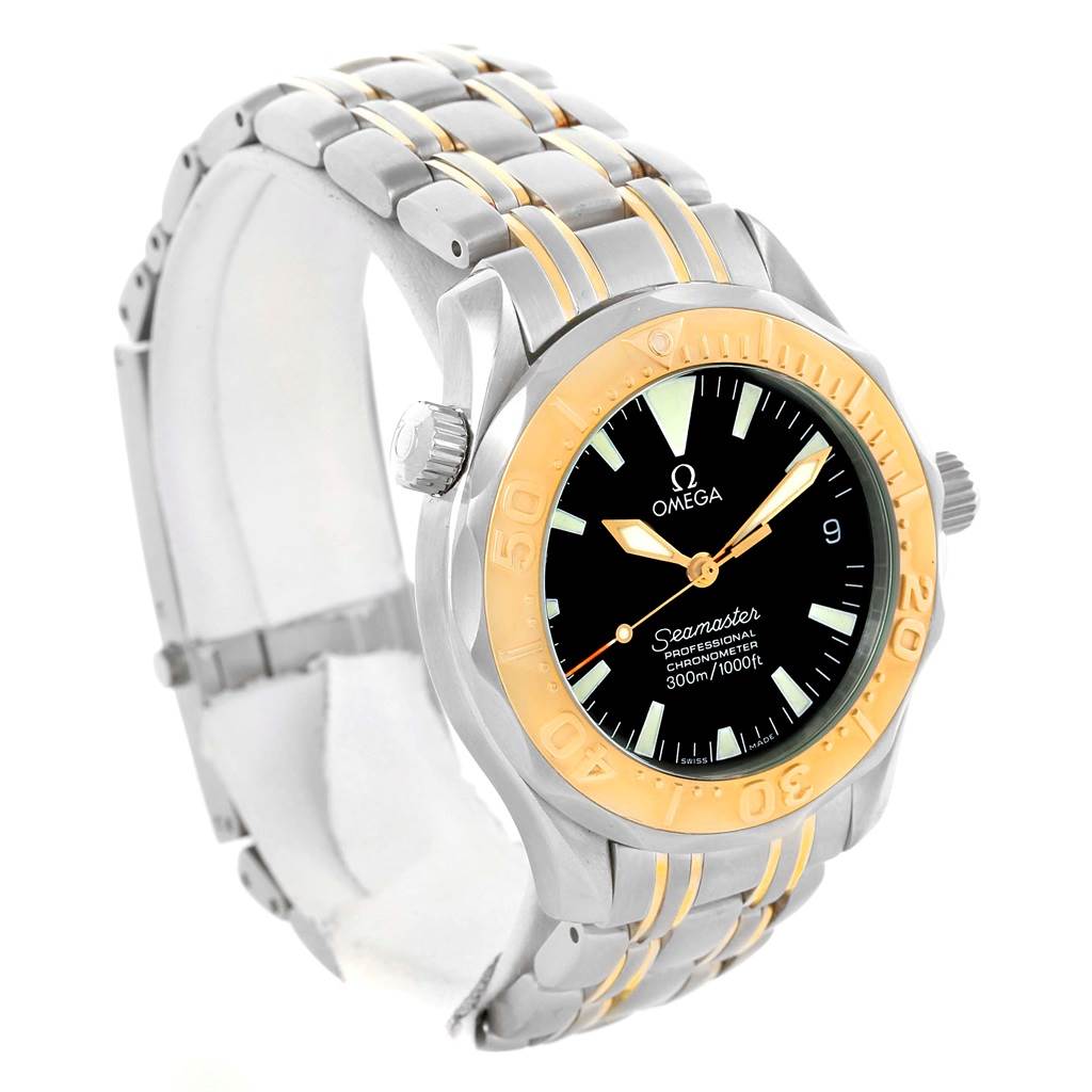 The Omega Seamaster Men
s Stainless Steel Black Dial Men
s Stainless Steel Black Dial watch is shown at a three-quarter angle, showcasing the face, bezel, crown, and a partial view of the bracelet.