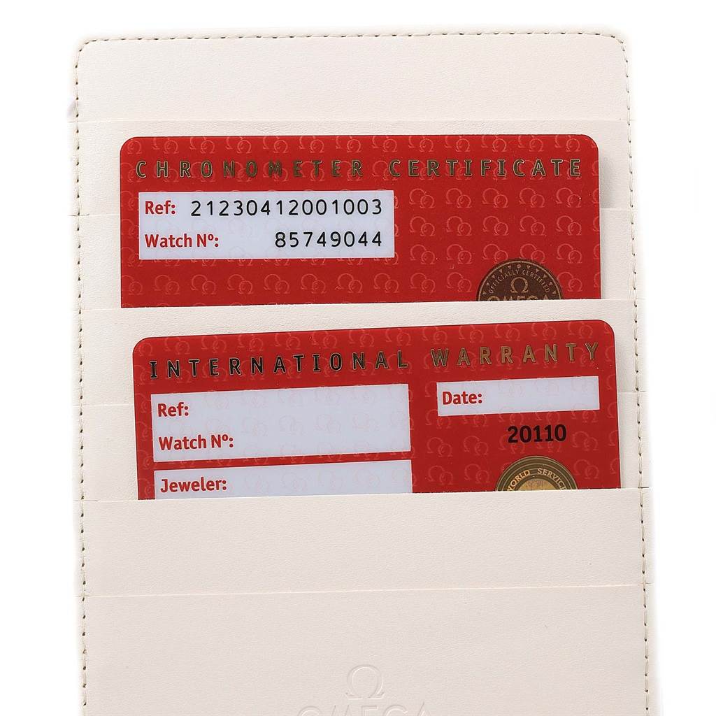 The image shows the chronometer certificate and international warranty cards for the Omega Seamaster 212.30.41.20.01.003 Men
s Stainless Steel Black Dial 212.30.41.20.01.003 Men
s Stainless Steel Black Dial model.